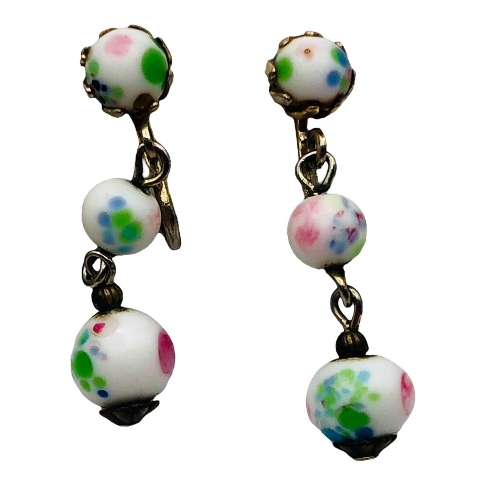PINK FLORAL 4 Pairs Costume Estate Clip Earrings Hand Painted Dangle Swirl Lot - Picture 6 of 11